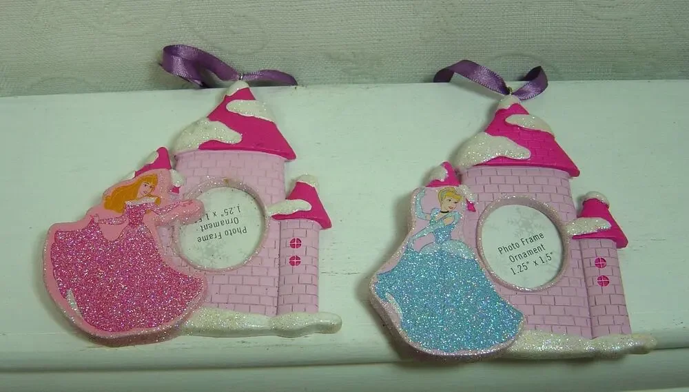 2 DISNEY PRINCESS CASTLE PHOTO HOLDER ORNAMENTS